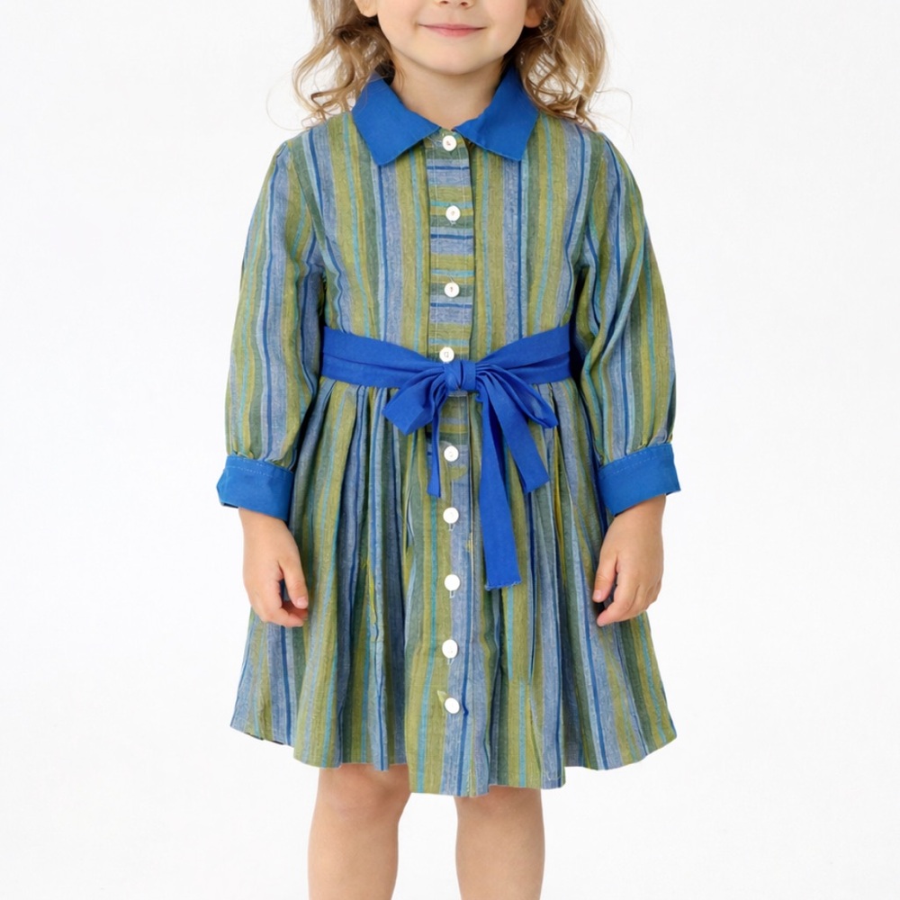 Vintage handmade girl’s blue green stripe long sleeve button up dress